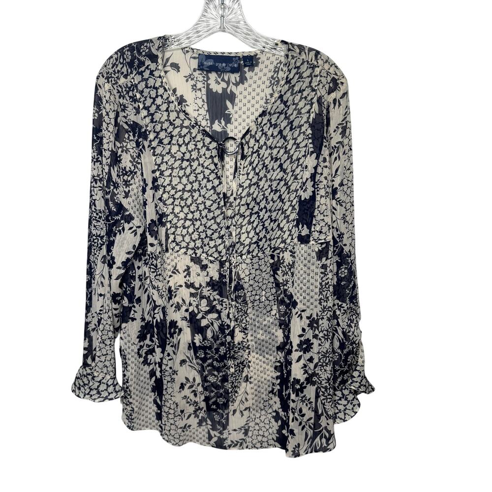 Susan Graver Style Cream Floral Patchwork Boho Peasant Blouse Top Size M‎